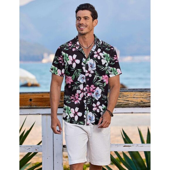 Mens Black & Pink  Hawaiian Shirts Short Sleeve Floral Button Down Shirt - Picture 2 of 7